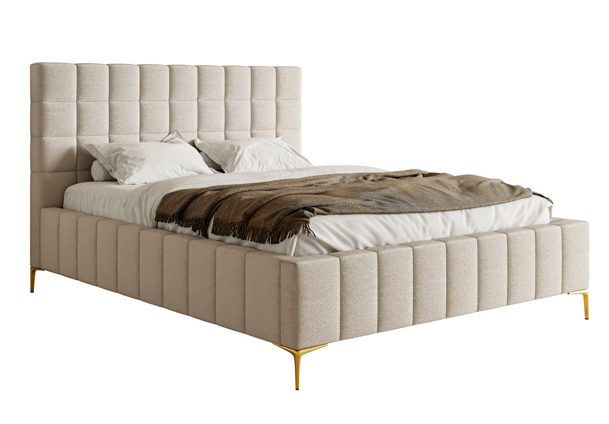 Lit tapissé 180x200 cm Szejlo avec rangement, cadre métallique, tissu chenille gris-beige
