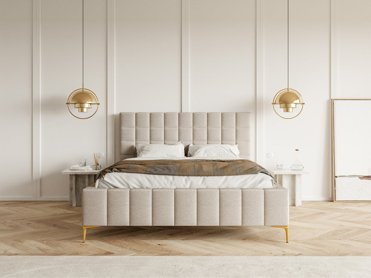 Lit tapissé 180x200 cm Szejlo avec rangement, cadre métallique, tissu chenille gris-beige