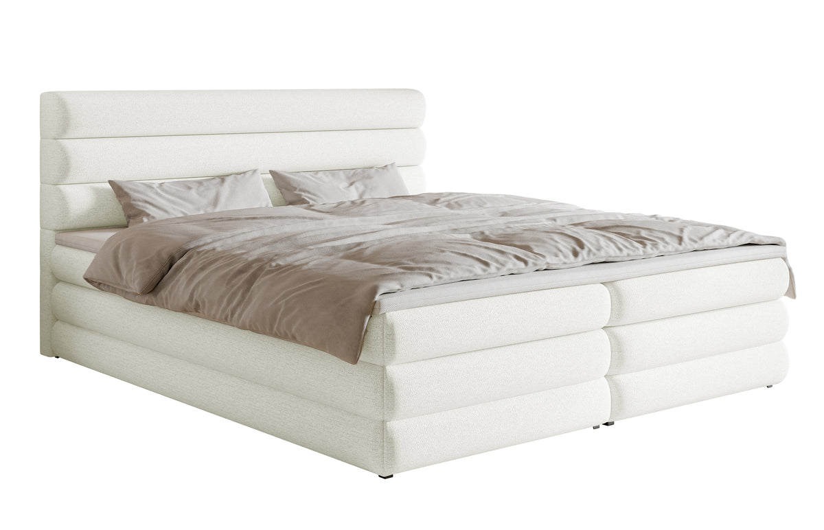 Lit continental 160x200 cm Alegre avec topper et deux coffres, tissu chenille hydrofuge blanc