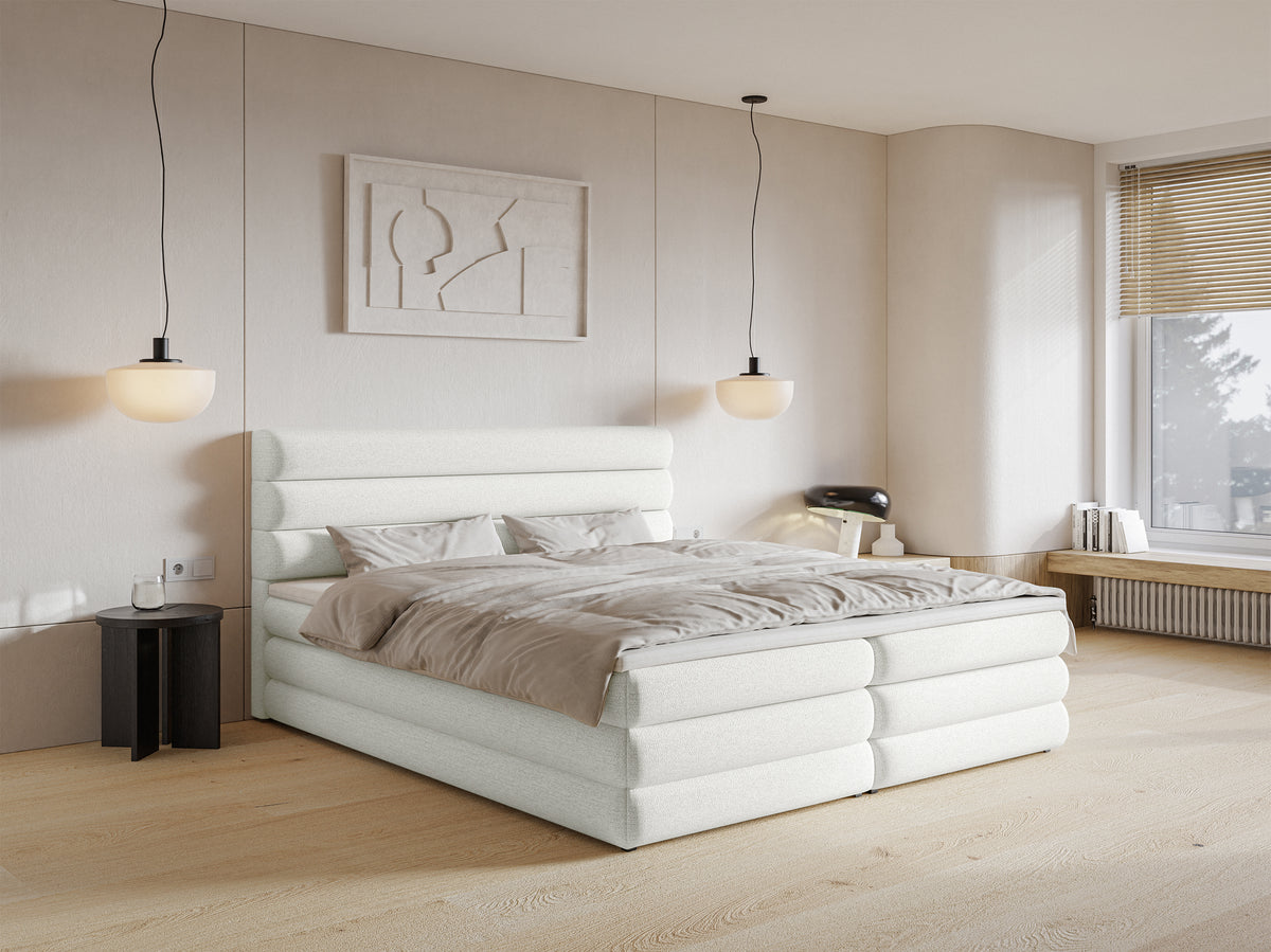 Lit continental 160x200 cm Alegre avec topper et deux coffres, tissu chenille hydrofuge blanc