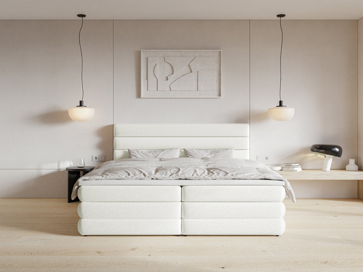 Lit continental 160x200 cm Alegre avec topper et deux coffres, tissu chenille hydrofuge blanc