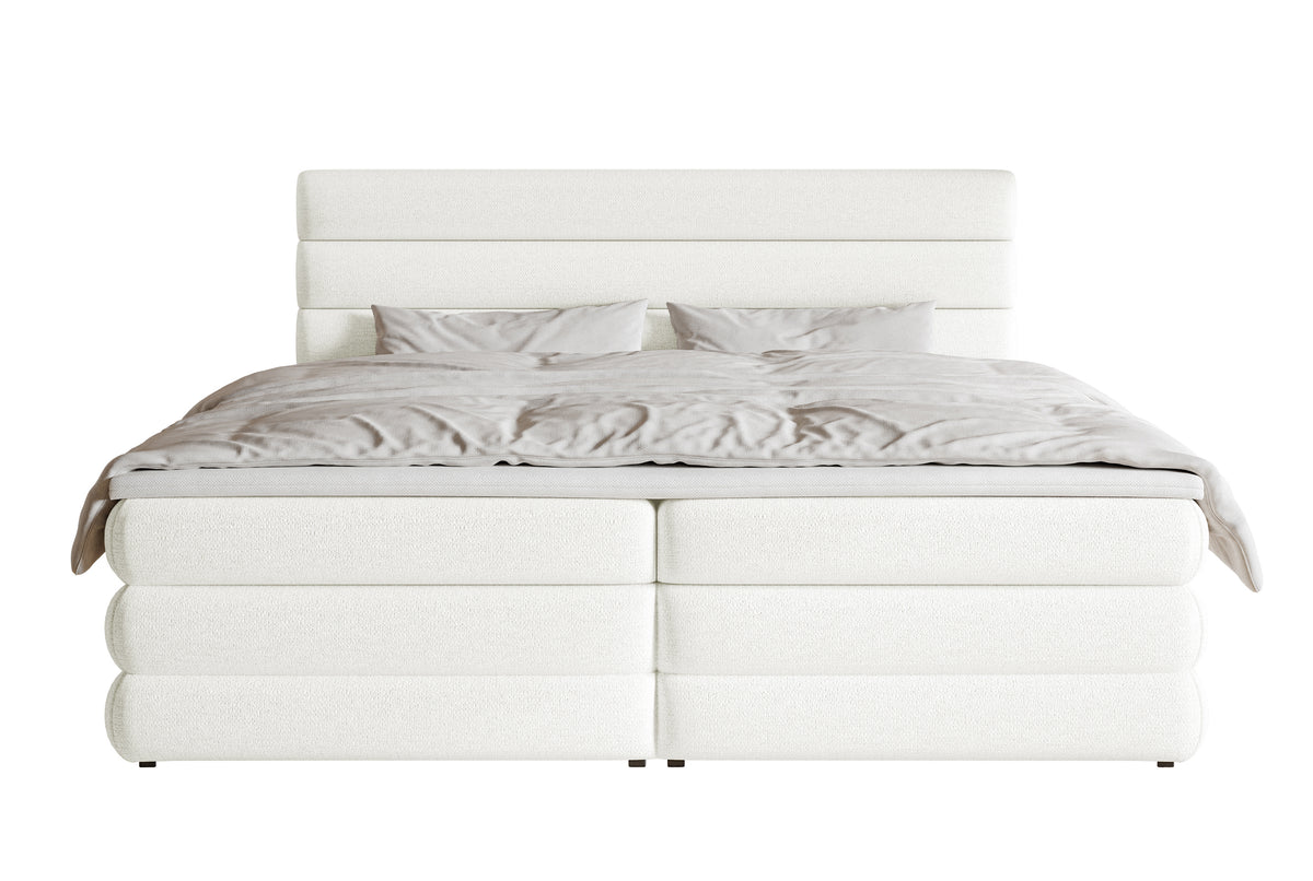 Lit continental 160x200 cm Alegre avec topper et deux coffres, tissu chenille hydrofuge blanc