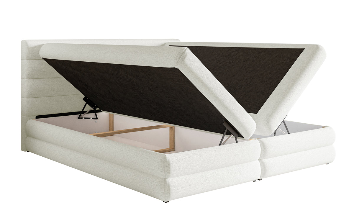 Lit continental 160x200 cm Alegre avec topper et deux coffres, tissu chenille hydrofuge blanc