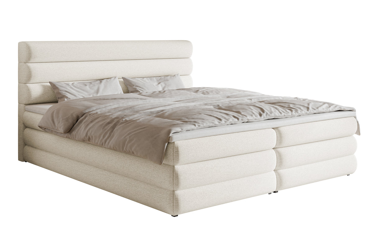 Lit continental 160x200 cm Alegre avec topper et deux coffres, tissu chenille hydrofuge beige clair