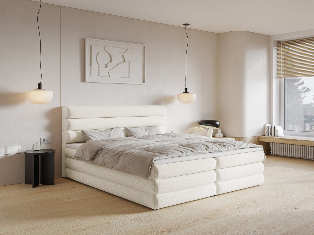 Lit continental 160x200 cm Alegre avec topper et deux coffres, tissu chenille hydrofuge beige clair