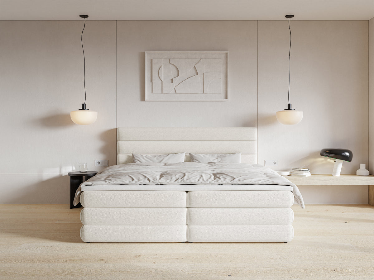 Lit continental 160x200 cm Alegre avec topper et deux coffres, tissu chenille hydrofuge beige clair