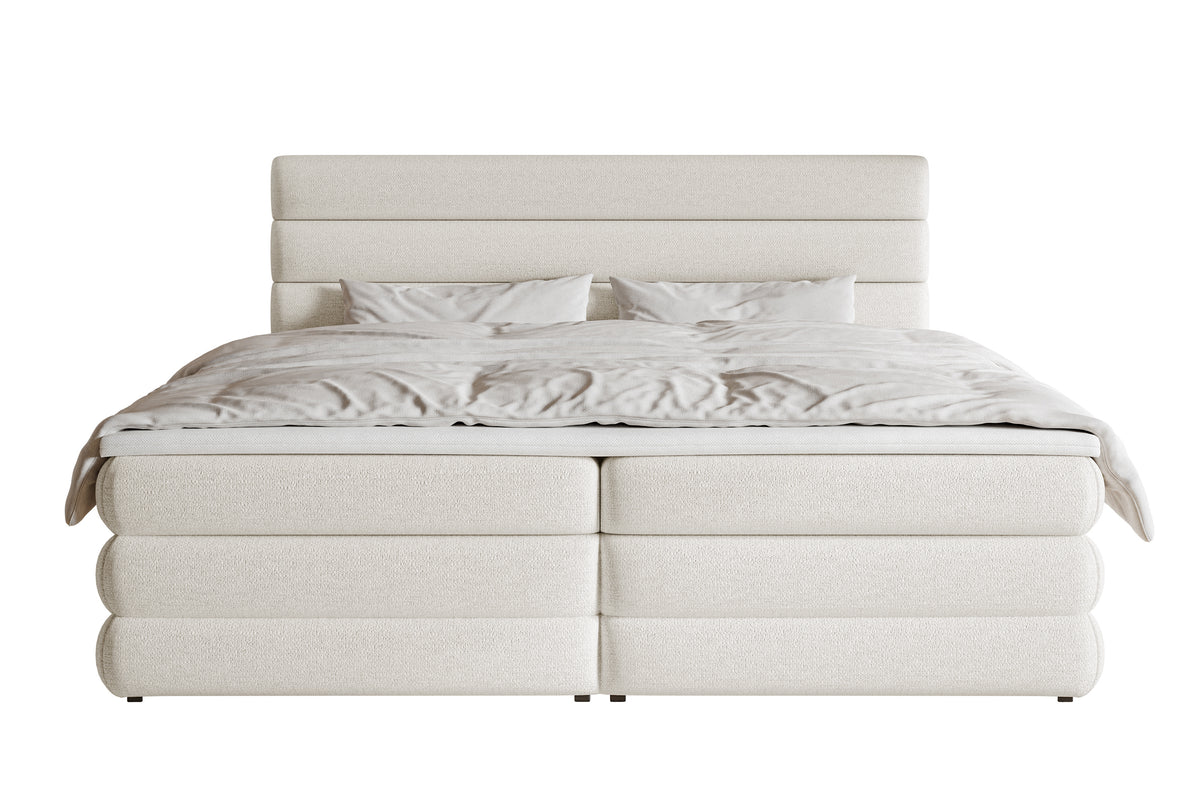 Lit continental 160x200 cm Alegre avec topper et deux coffres, tissu chenille hydrofuge beige clair
