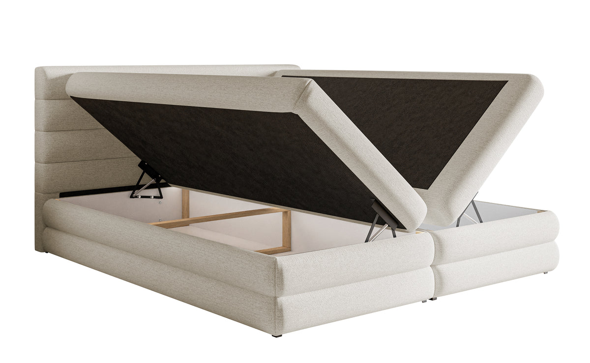 Lit continental 160x200 cm Alegre avec topper et deux coffres, tissu chenille hydrofuge beige clair