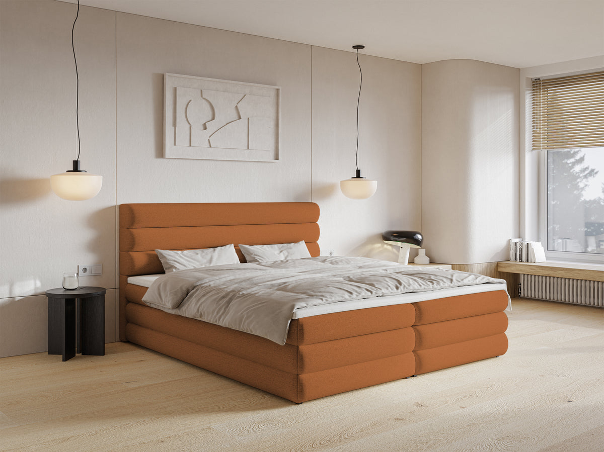 Lit continental 180x200 cm Alegre avec surmatelas et deux coffres en chenille cuivre hydrofuge