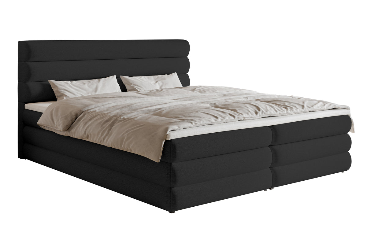 Kontinentales Bett 180x200 cm Alegre mit Topper und zwei Aufbewahrungsboxen, schwarzer hydrophober Chenillestoff