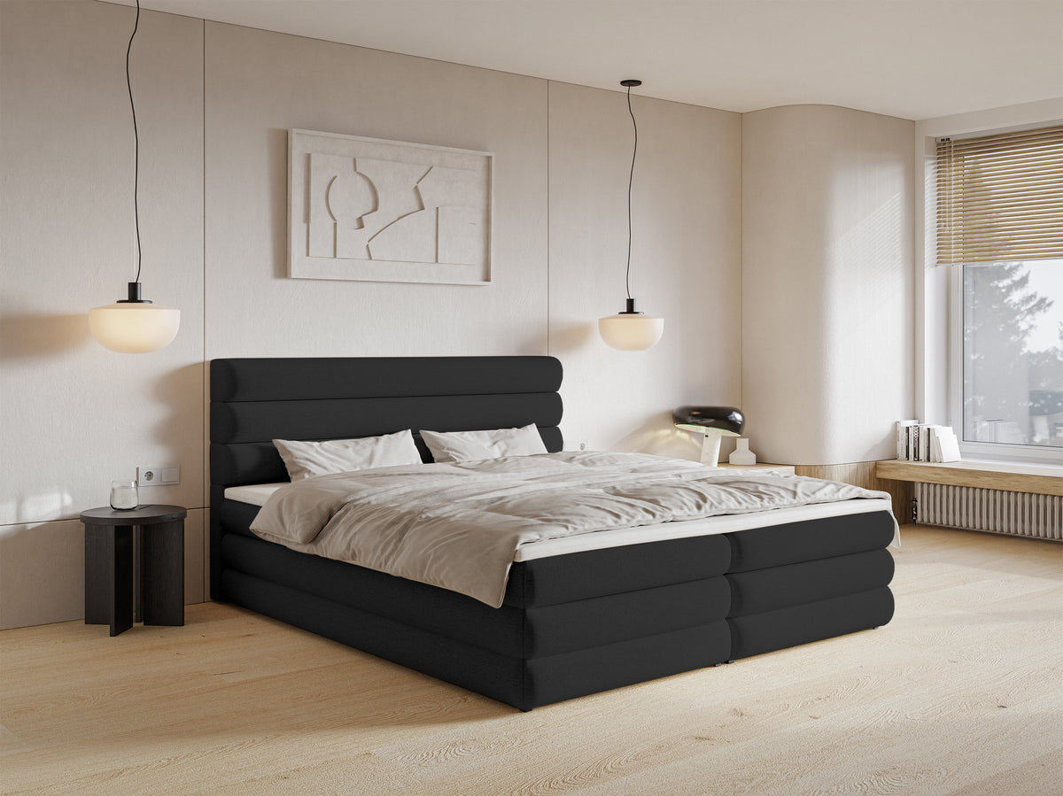 Kontinentales Bett 180x200 cm Alegre mit Topper und zwei Aufbewahrungsboxen, schwarzer hydrophober Chenillestoff