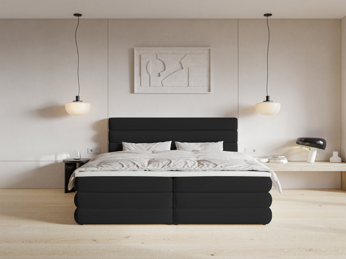 Kontinentales Bett 180x200 cm Alegre mit Topper und zwei Aufbewahrungsboxen, schwarzer hydrophober Chenillestoff