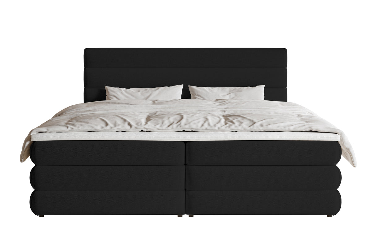 Kontinentales Bett 180x200 cm Alegre mit Topper und zwei Aufbewahrungsboxen, schwarzer hydrophober Chenillestoff