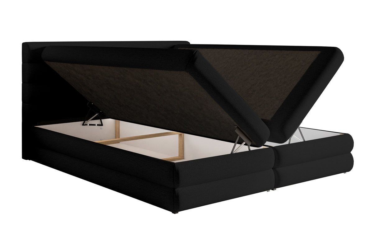 Kontinentales Bett 180x200 cm Alegre mit Topper und zwei Aufbewahrungsboxen, schwarzer hydrophober Chenillestoff
