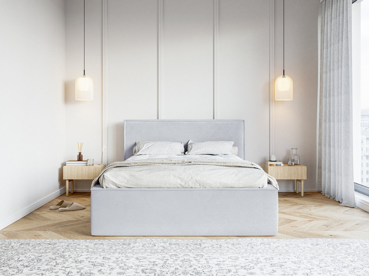 Polsterbett 140x200 cm Lucera mit Stauraum, taubenblauer Velours, wasserabweisend