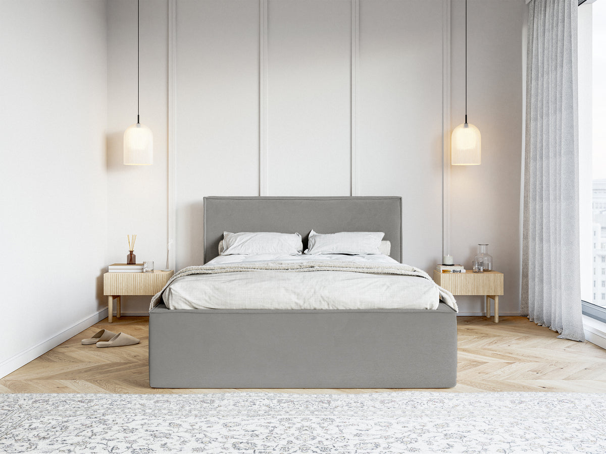 Lit tapissé 160x200 cm Lucera avec rangement, velours hydrofuge gris