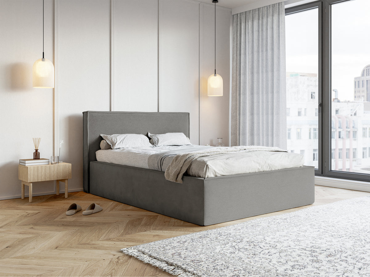 Lit tapissé 160x200 cm Lucera avec rangement, velours hydrofuge gris