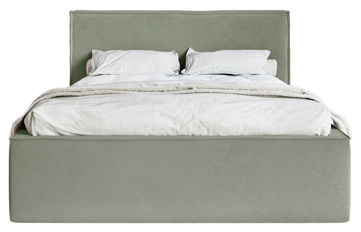 Lit tapissé 140x200 cm Lucera avec rangement, velours hydrofuge eucalyptus