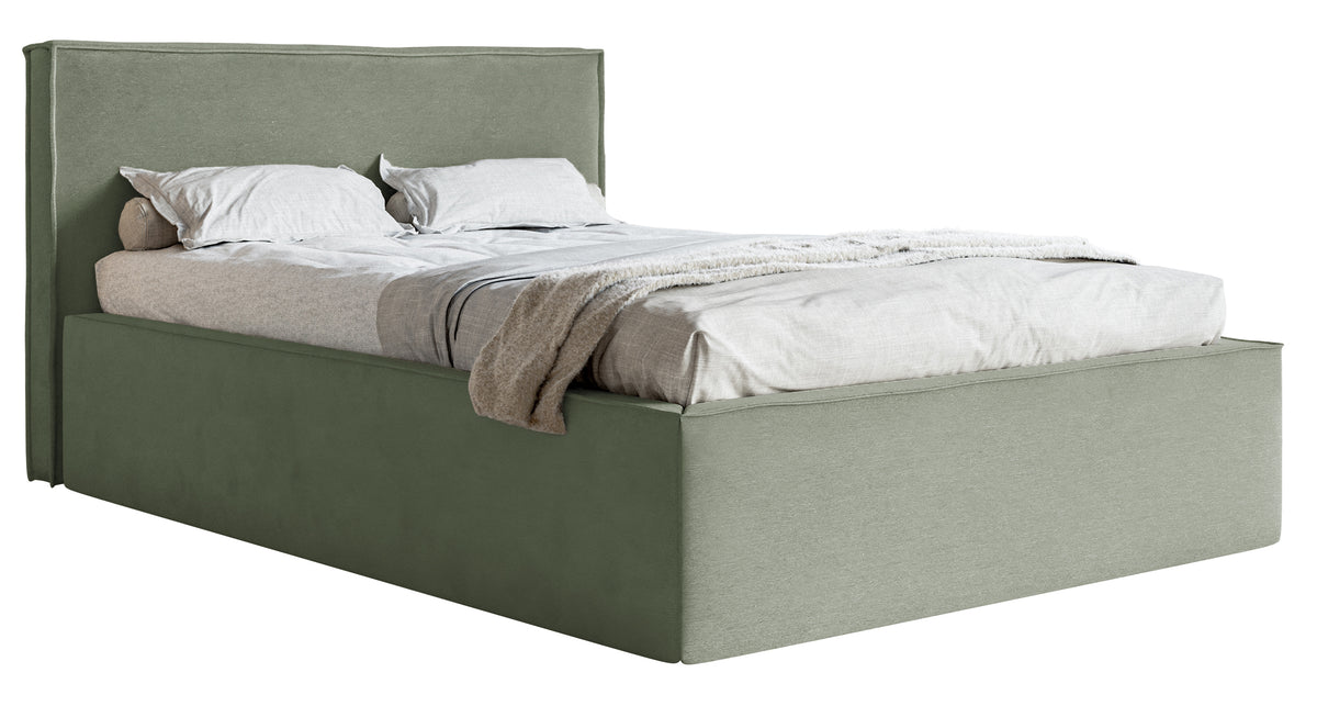 Lit tapissé 140x200 cm Lucera avec rangement, velours hydrofuge eucalyptus