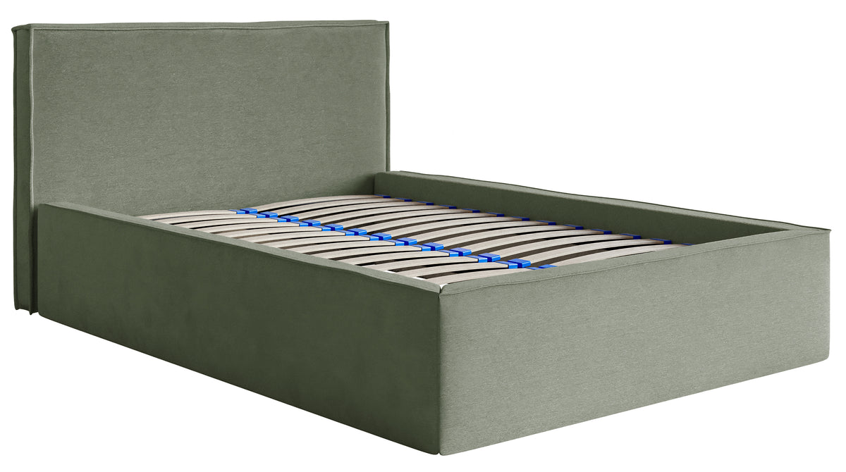 Lit tapissé 140x200 cm Lucera avec rangement, velours hydrofuge eucalyptus