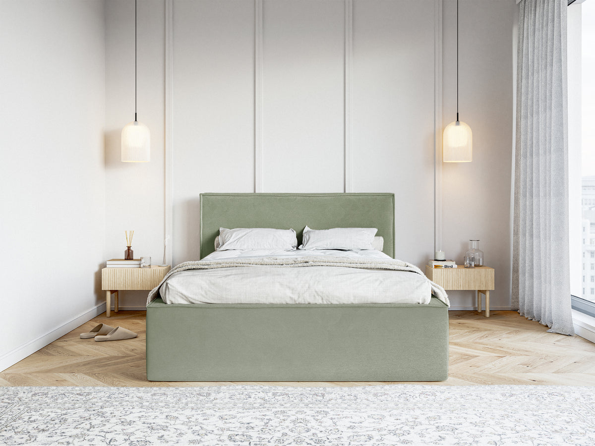 Lit tapissé 140x200 cm Lucera avec rangement, velours hydrofuge eucalyptus