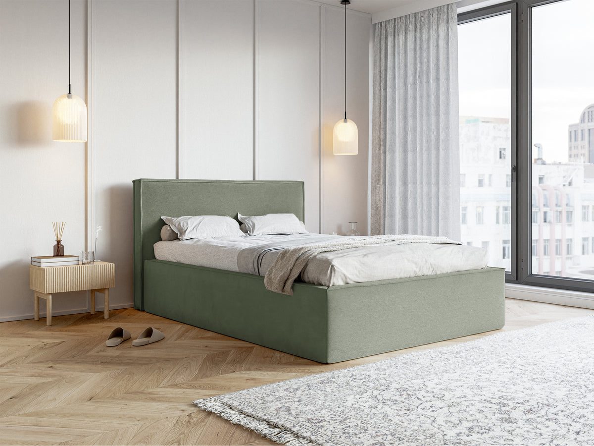 Lit tapissé 140x200 cm Lucera avec rangement, velours hydrofuge eucalyptus