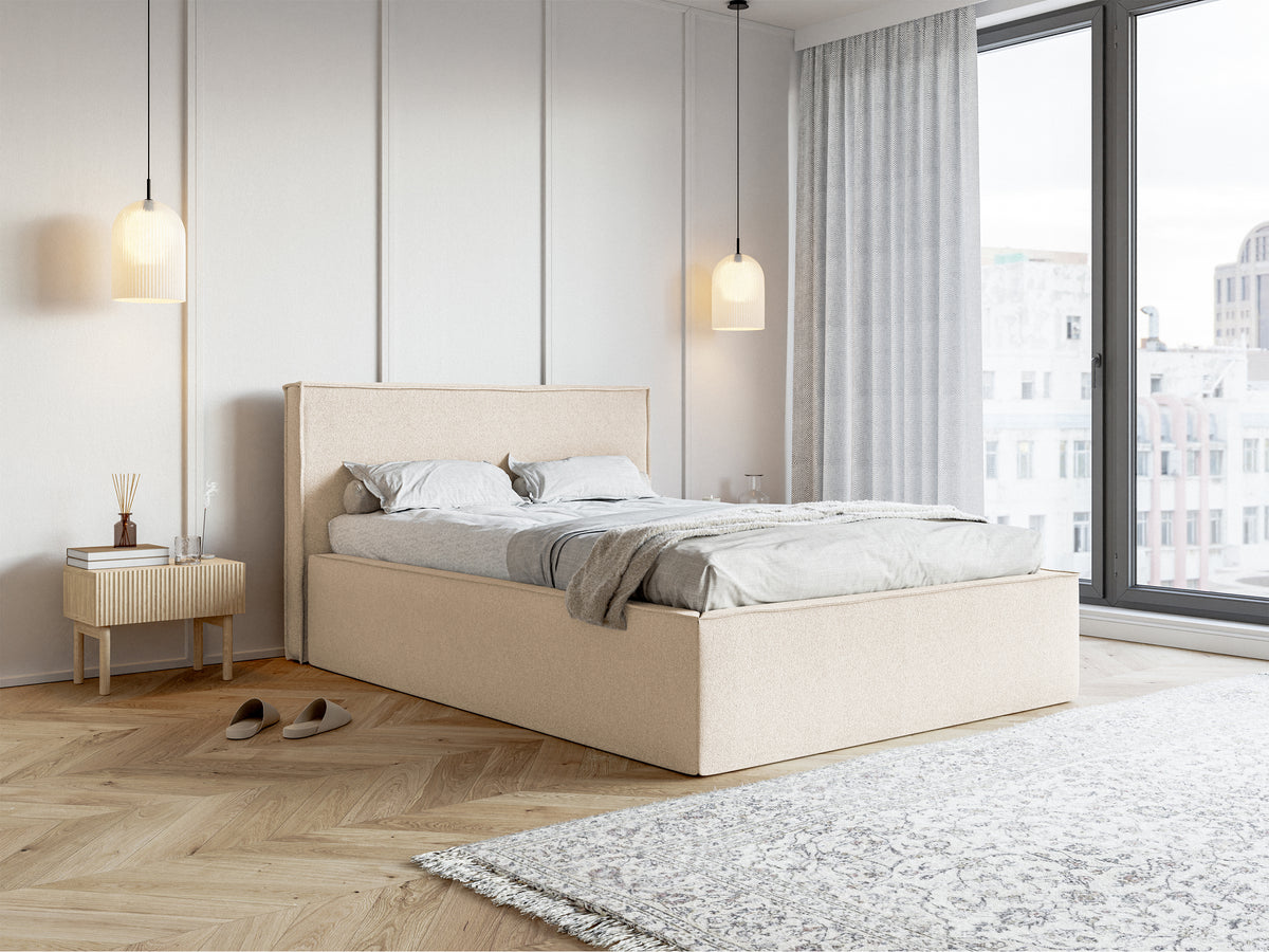 Lit tapissé 140x200 cm Lucera avec rangement en chenille beige clair