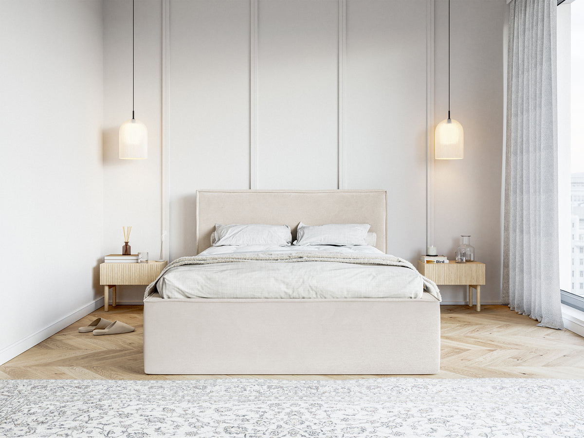 Lit tapissé 180x200 cm Lucera avec rangement, velours hydrofuge gris beige