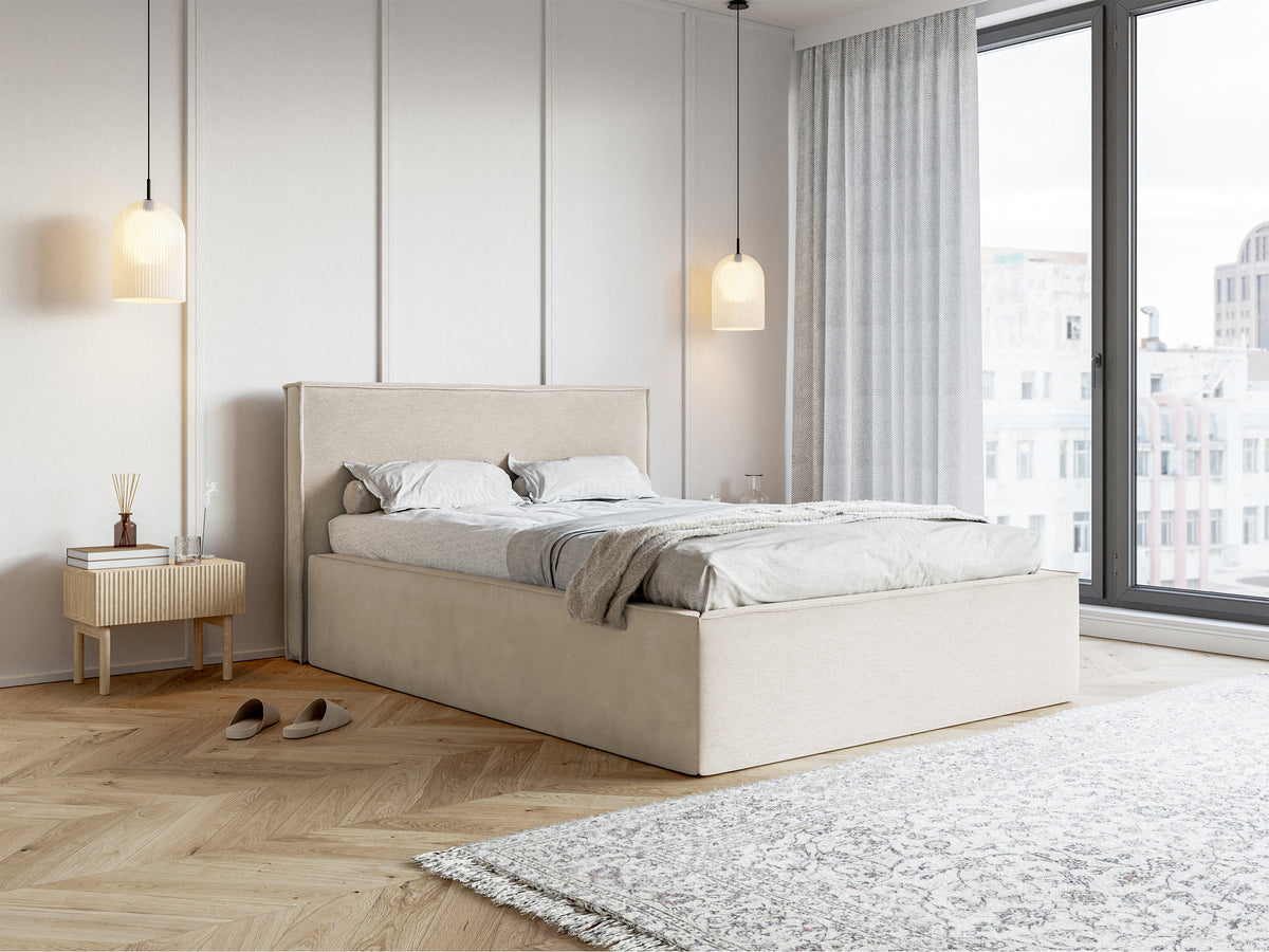 Lit tapissé 160x200 cm Lucera avec rangement, velours hydrofuge gris beige