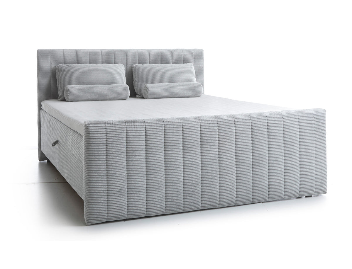 Lit continental Lullabino 160x200 cm avec rangements et surmatelas en velours côtelé gris clair