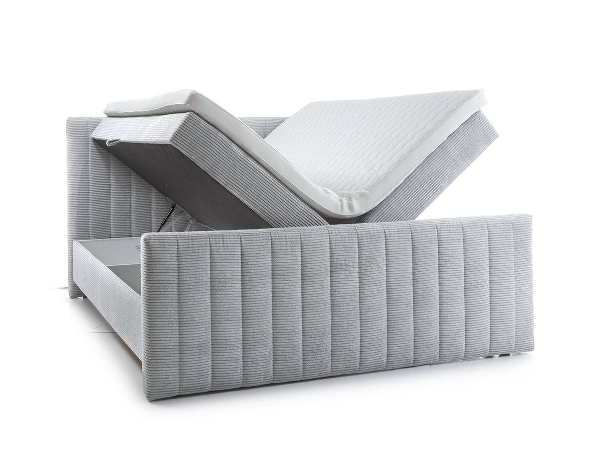 Lit continental Lullabino 160x200 cm avec rangements et surmatelas en velours côtelé gris clair