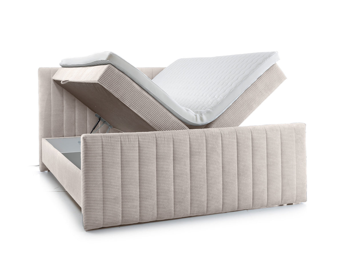 Lit continental Lullabino 160x200 cm avec rangements et surmatelas beige clair en velours côtelé