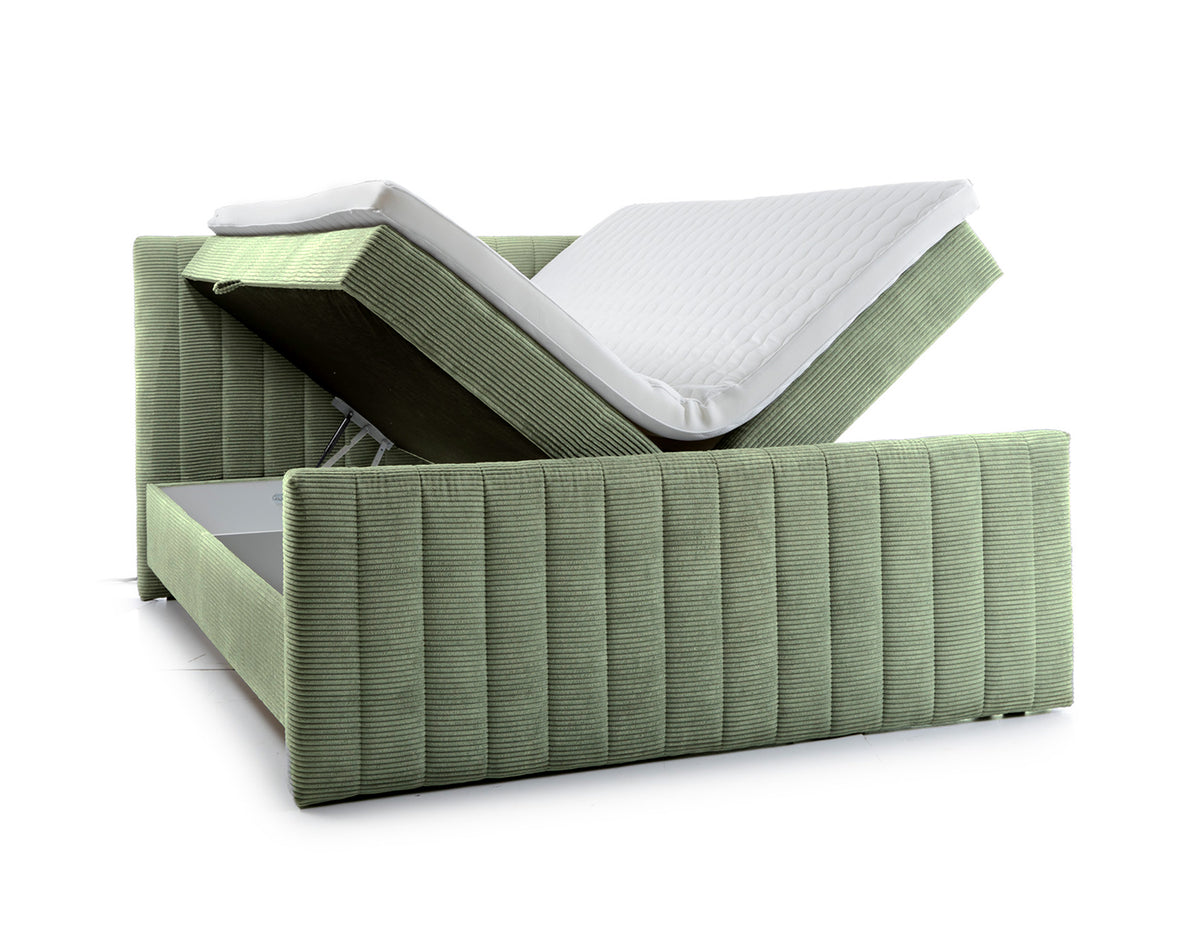 Kontinentales Bett Lullabino 180x200 cm mit Stauraum und Topper, salbeigrüner Cordstoff