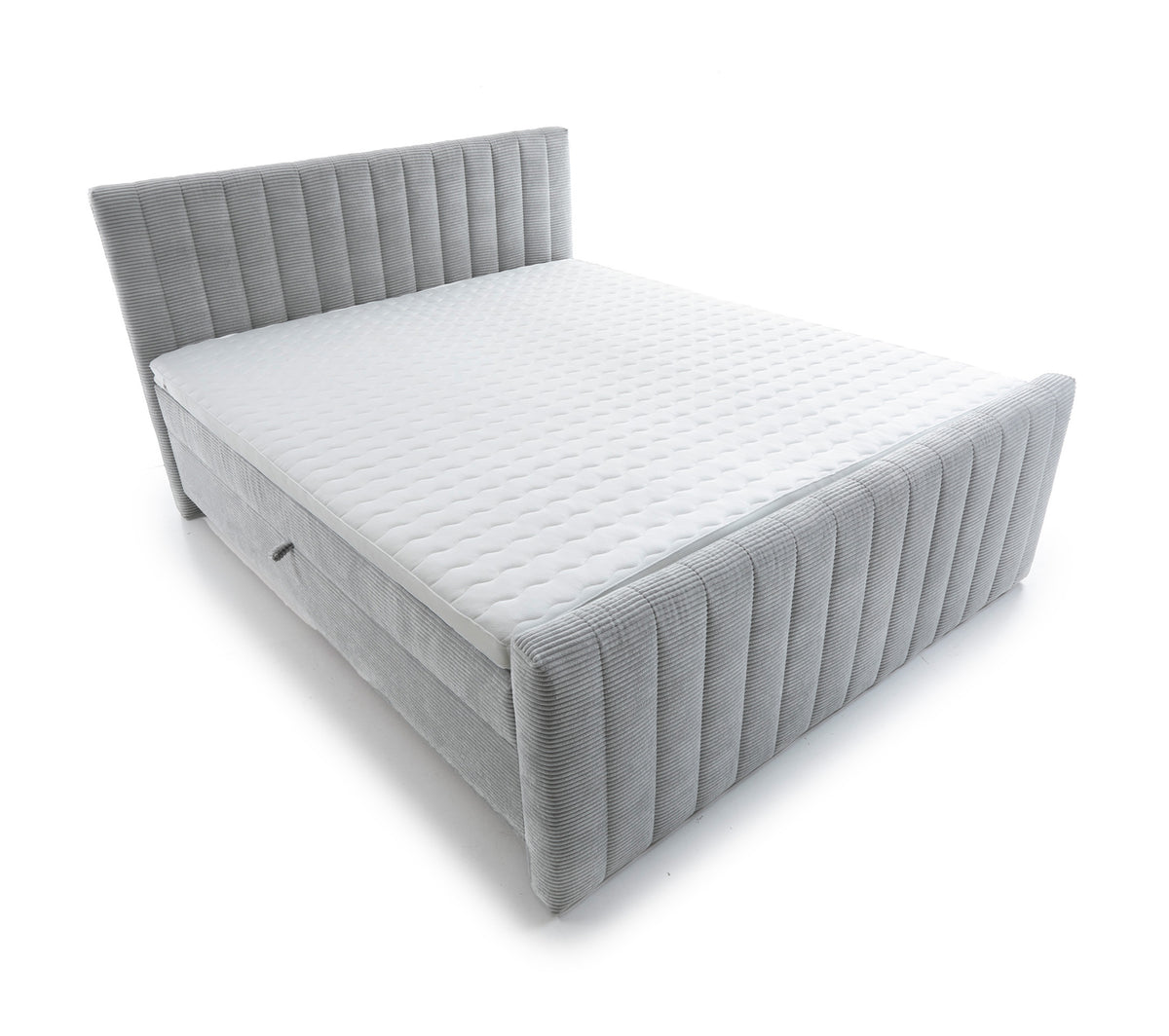 Lit continental Lullabino 160x200 cm avec rangements et surmatelas en velours côtelé gris clair