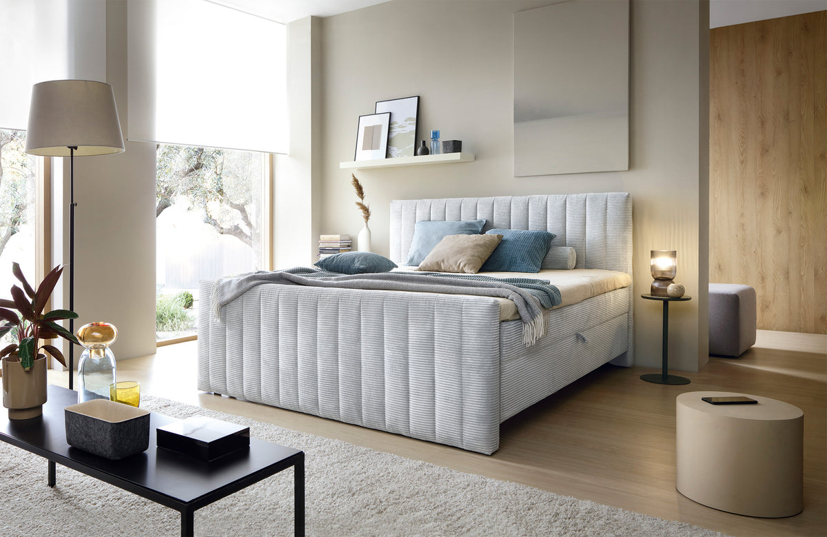 Lit continental Lullabino 160x200 cm avec rangements et surmatelas en velours côtelé gris clair