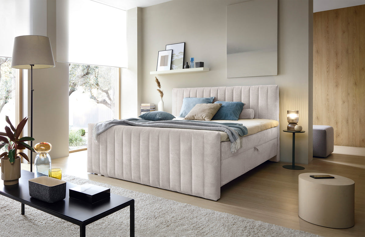 Lit continental Lullabino 160x200 cm avec rangements et surmatelas beige clair en velours côtelé