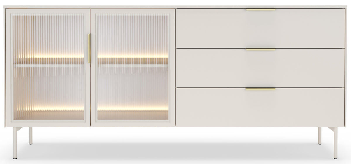 Zweiturige Vitrine Lumi mit drei Schubladen und LED-Beleuchtung, 181 cm, Kaschmir