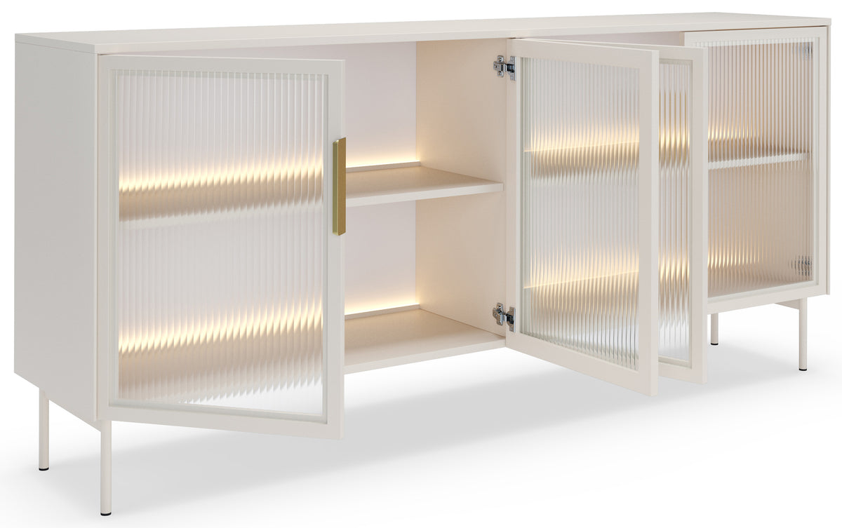 Commode quatre portes vitrées Lumi avec éclairage LED 181 cm cachemire