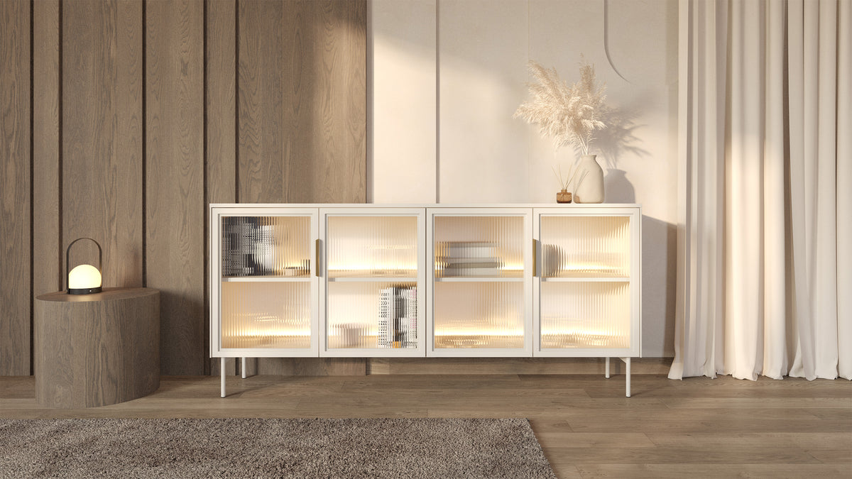 Commode quatre portes vitrées Lumi avec éclairage LED 181 cm cachemire