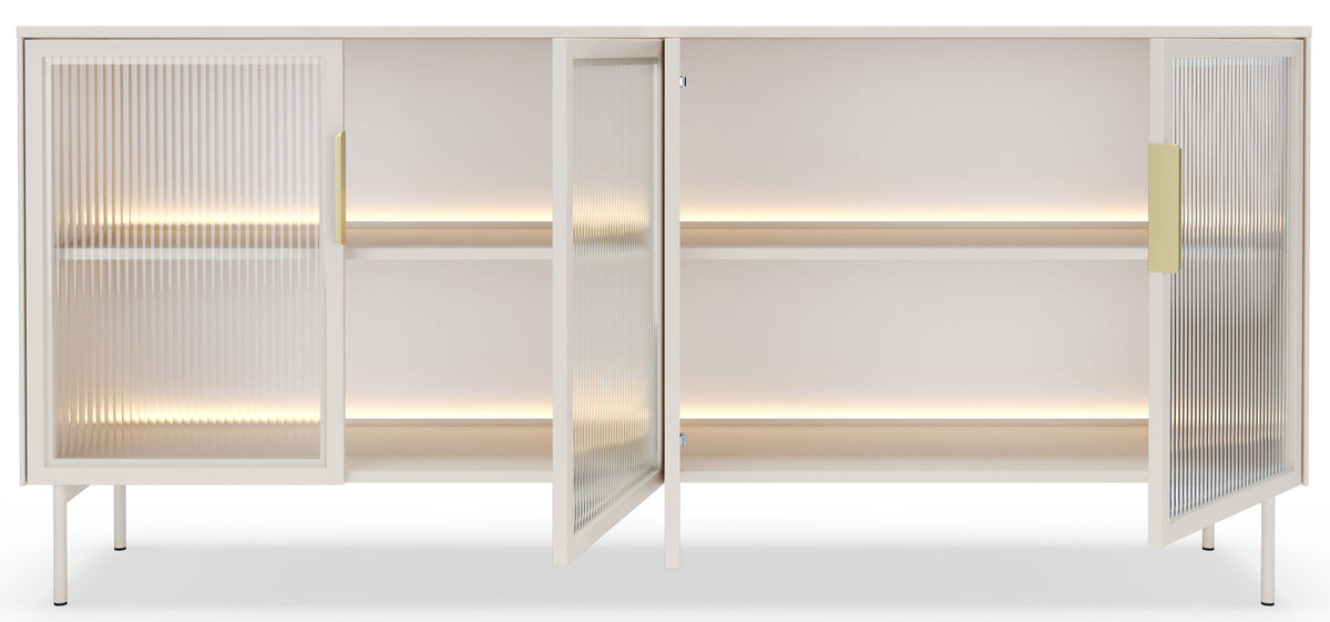 Commode quatre portes vitrées Lumi avec éclairage LED 181 cm cachemire