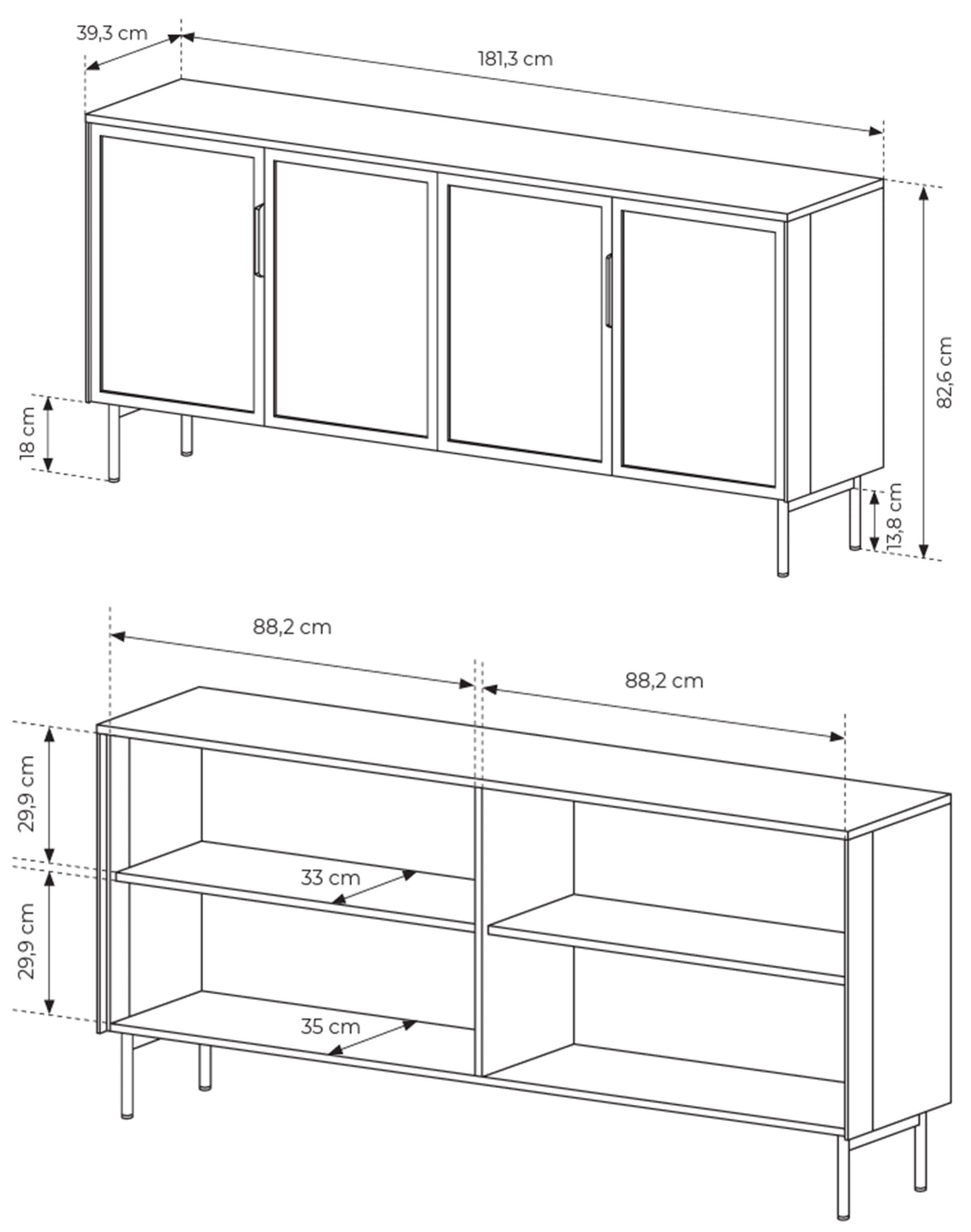 Commode quatre portes vitrées Lumi avec éclairage LED 181 cm cachemire