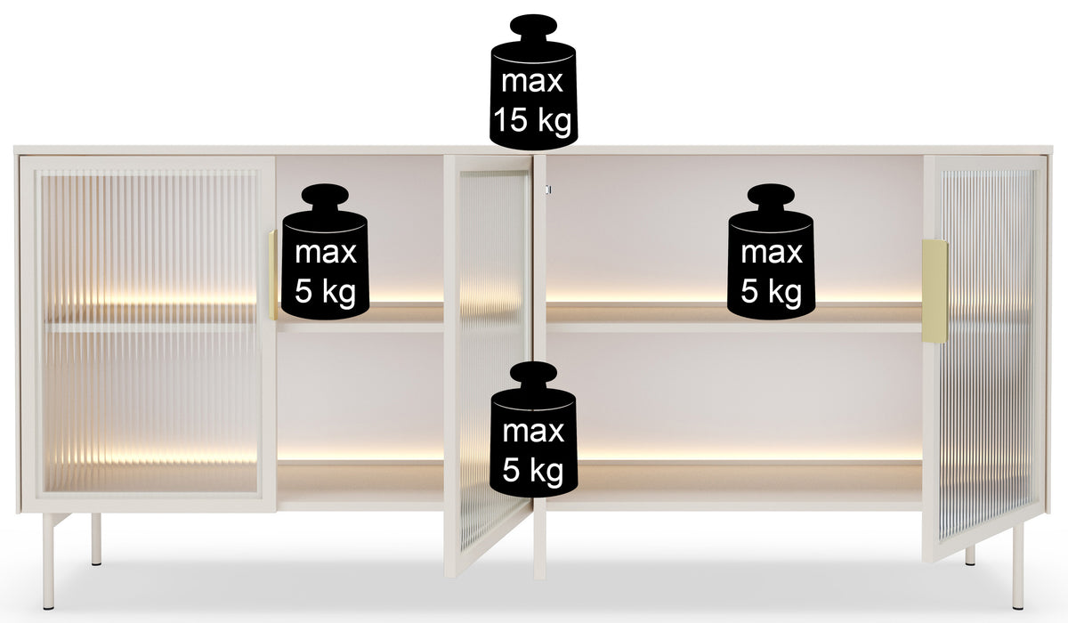 Commode quatre portes vitrées Lumi avec éclairage LED 181 cm cachemire