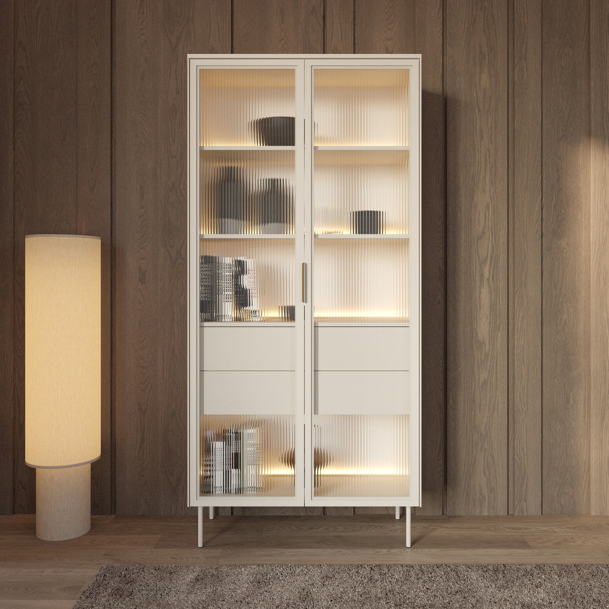 Zweiflügelige Vitrine Lumi mit zwei Schubladen und LED-Beleuchtung, 91 cm, Kaschmir