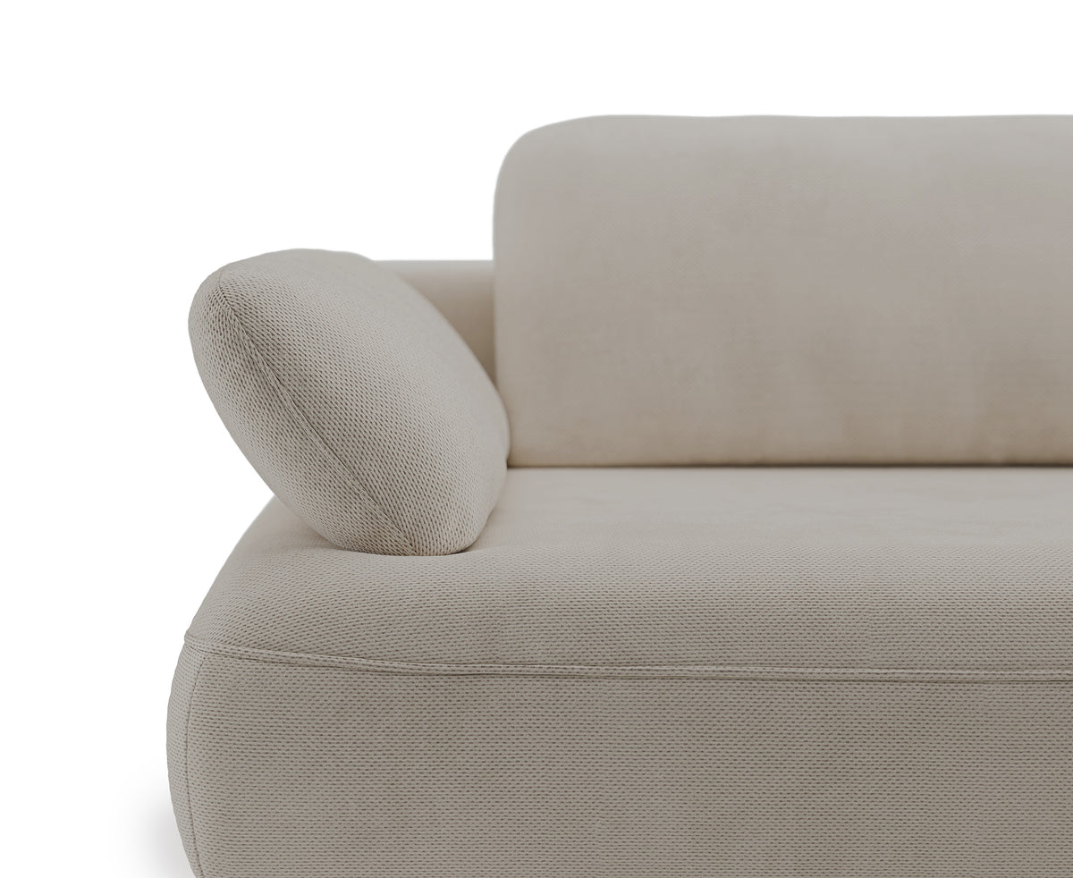 Canapé d’angle Avolla avec fonction couchage, configuration en L côté droit, avec coffre de rangement, tissu chenille hydrofuge beige