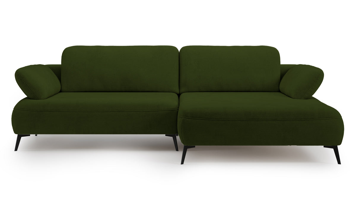 Ecksofa mit Schlaffunktion Avolla, L-förmig, rechtsseitig, mit Stauraum, olivgrüner hydrophober Chenille-Stoff