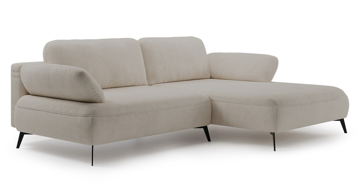 Canapé d’angle Avolla avec fonction couchage, configuration en L côté droit, avec coffre de rangement, tissu chenille hydrofuge beige