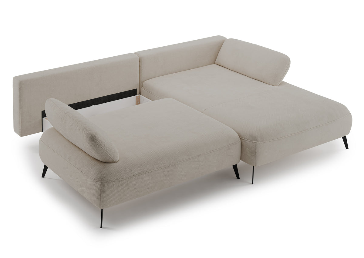 Canapé d’angle Avolla avec fonction couchage, configuration en L côté droit, avec coffre de rangement, tissu chenille hydrofuge beige