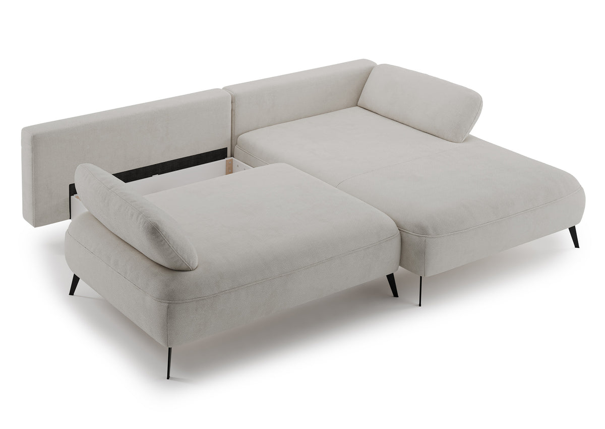 Ecksofa mit Schlaffunktion Avolla, L-Form, rechtsseitig, mit Stauraum, grau-beiger hydrophober Chenillestoff