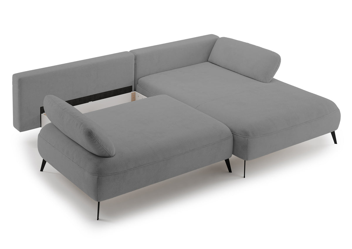 Ecksofa mit Schlaffunktion Avolla, L-förmig, rechtsseitig, mit Stauraum, grauer hydrophober Chenille-Stoff
