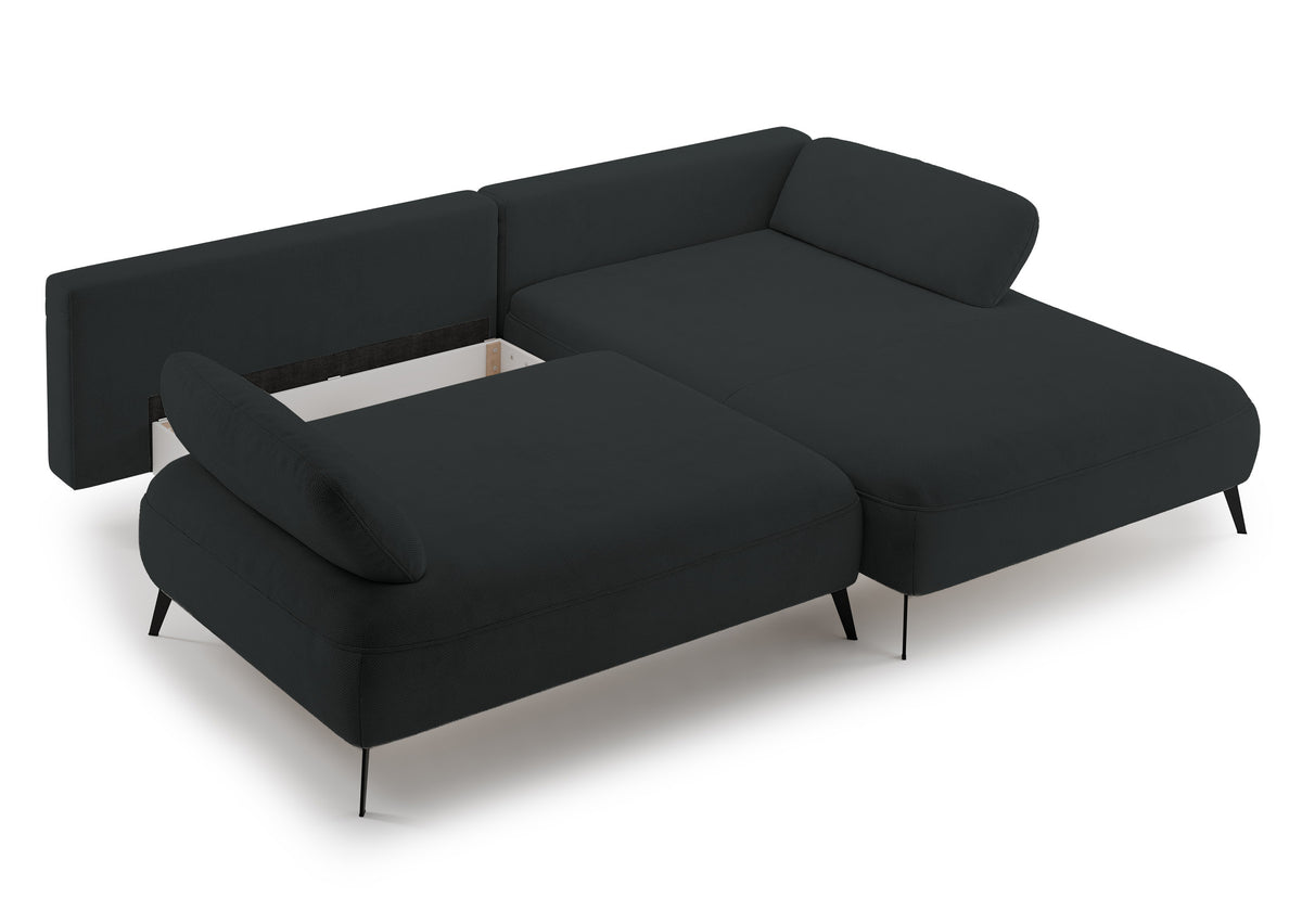 Canapé d'angle Avolla L-droit avec fonction couchage et coffre, tissu chenille hydrofuge graphite